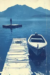 Midjourney generated image using SREF code Azure Reverberation: A man standing on a dock next to a small boat.