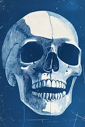 Midjourney generated image using SREF code Azure Reverberation: A drawing of a human skull on a blue background.