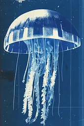 Midjourney generated image using SREF code Azure Reverberation: A blue and white jellyfish on a blue background.