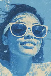 Midjourney generated image using SREF code Azure Reverberation: A woman wearing sunglasses in the water. 