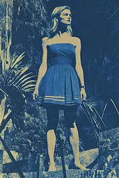 Midjourney generated image using SREF code Azure Reverberation: A woman in a blue dress standing on some steps.