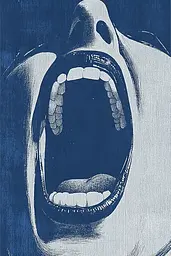 Midjourney generated image using SREF code Azure Reverberation: A blue and white illustration of a screaming woman's mouth.