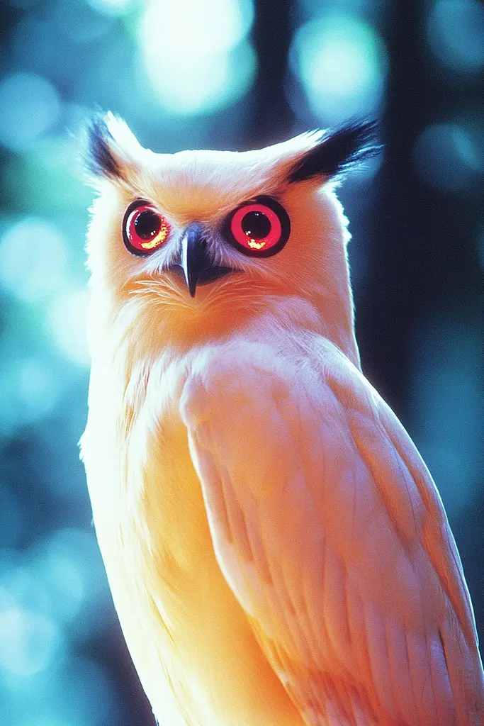 Midjourney generated image using SREF code Synthwave Surrealism: A white owl with red eyes sitting on a tree branch.