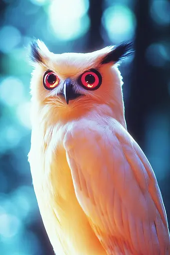 Midjourney generated image using SREF code Synthwave Surrealism: A white owl with red eyes sitting on a tree branch.