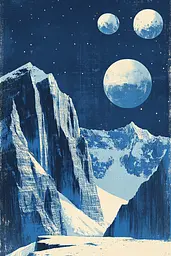 Midjourney generated image using SREF code Azure Reverberation: A blue and white illustration of a mountain range with three moons.