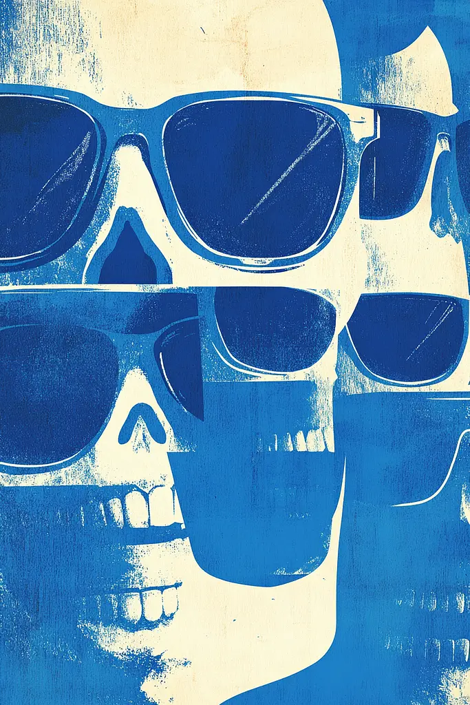 Midjourney generated image using SREF code Azure Reverberation: A group of three skulls wearing sunglasses on a blue background.