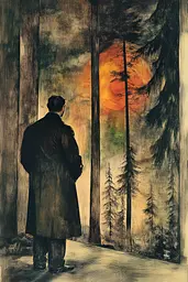 Midjourney generated image using SREF code Dreamland Mechanica: A painting of a man standing in front of a forest.