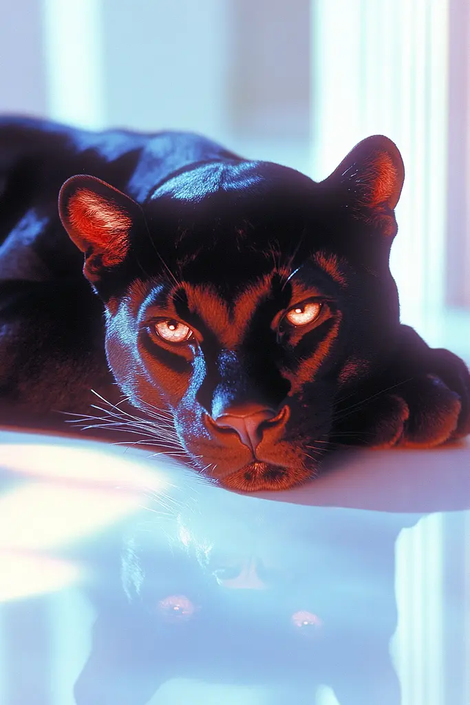 Midjourney generated image using SREF code Synthwave Surrealism: A black panther laying on top of a table.