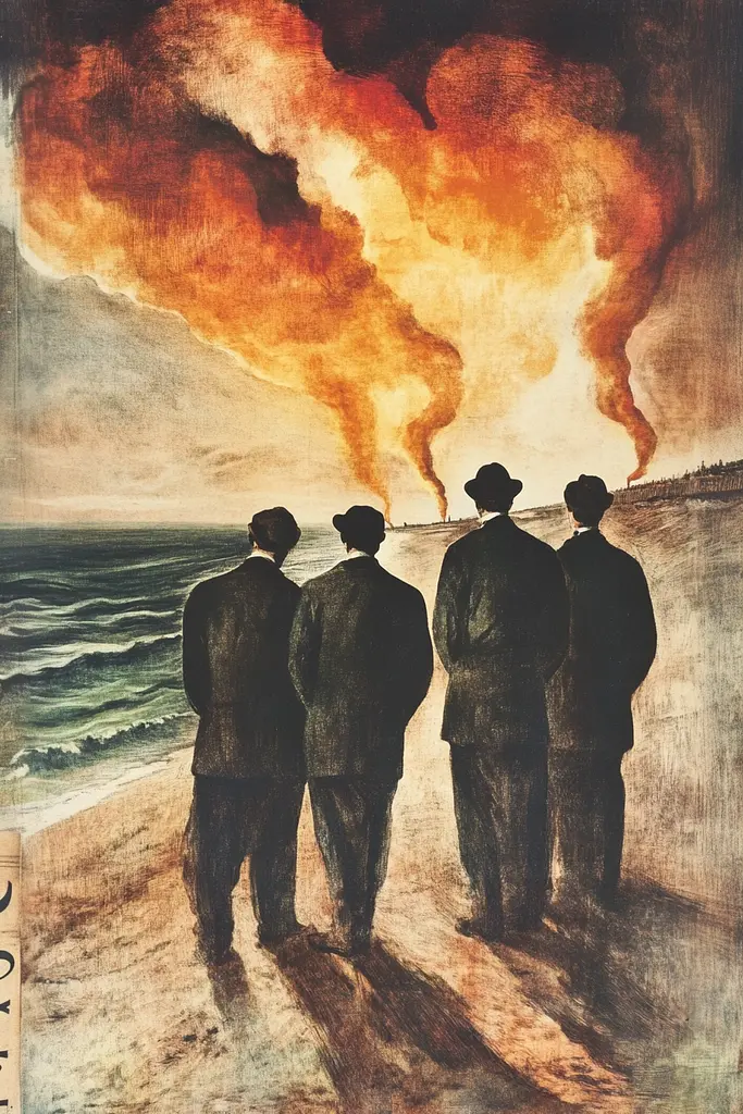 Midjourney generated image using SREF code Dreamland Mechanica: A painting of three men standing on a beach looking at a fire.