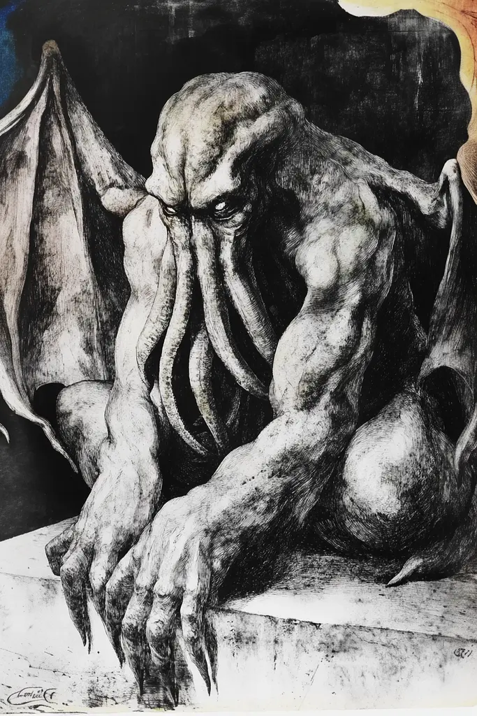 Midjourney generated image using SREF code Dreamland Mechanica: A black and white drawing of a cthulhu sitting on a ledge.