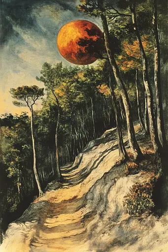 Midjourney generated image using SREF code Dreamland Mechanica: A painting of a path in the woods with a full moon in the sky.