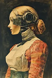 Midjourney generated image using SREF code Dreamland Mechanica: A painting of a woman wearing a gas mask.