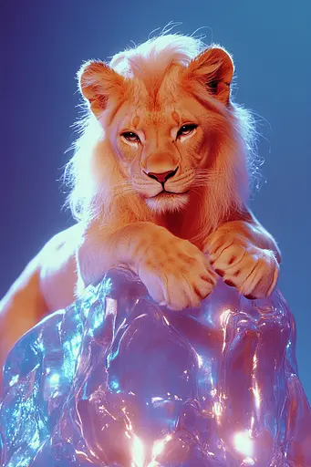 Midjourney generated image using SREF code Synthwave Surrealism: A white lion sitting on top of an ice block.