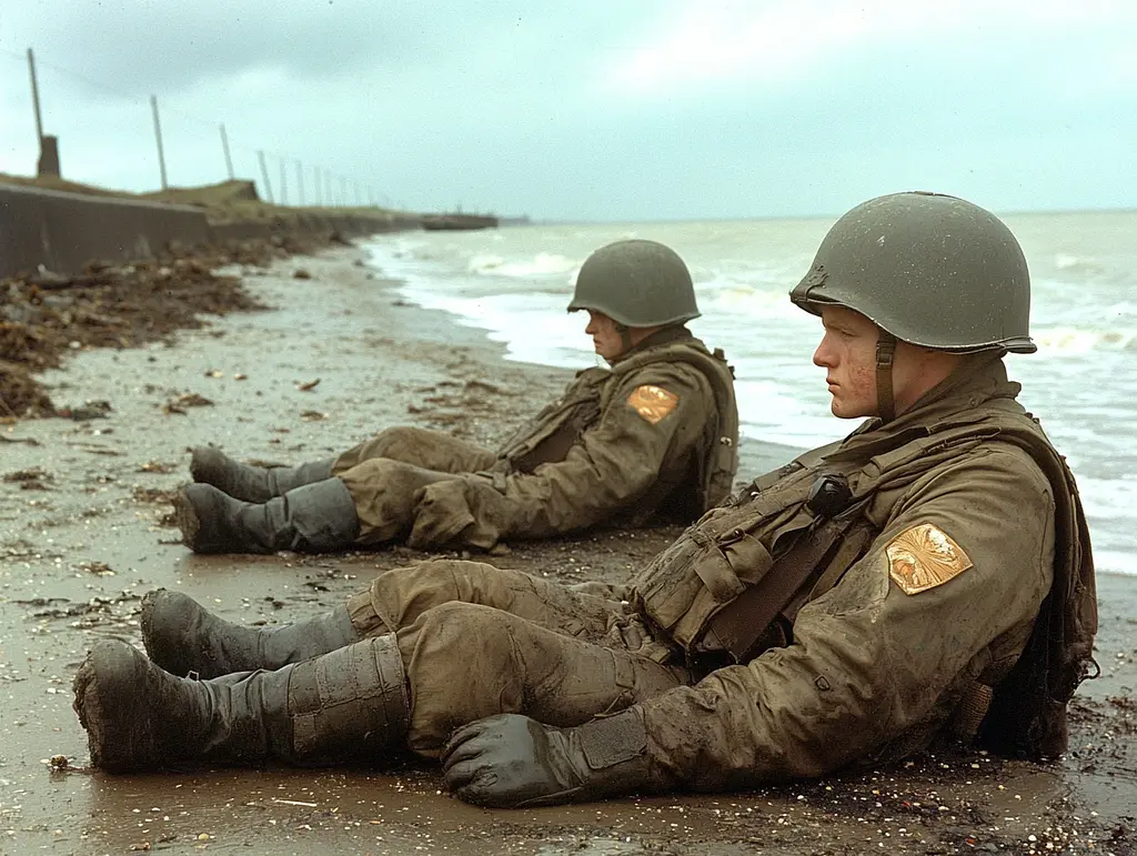 Midjourney generated image using SREF code Cosmic Dread: A couple of soldiers laying on top of a sandy beach.