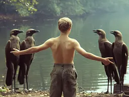 Midjourney generated image using SREF code Cosmic Dread: A young boy standing in front of a group of birds.