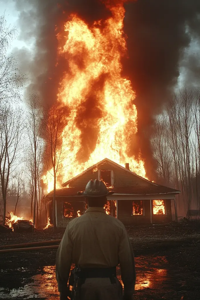 Midjourney generated image using SREF code Cosmic Dread: A firefighter standing in front of a burning house.