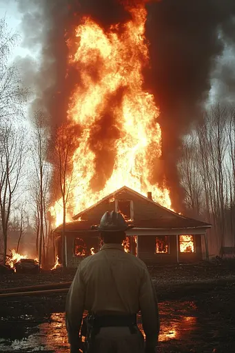 Midjourney generated image using SREF code Cosmic Dread: A firefighter standing in front of a burning house.