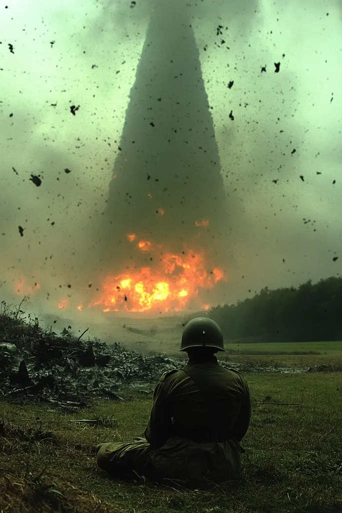 Midjourney generated image using SREF code Cosmic Dread: A soldier sitting in front of a large explosion.