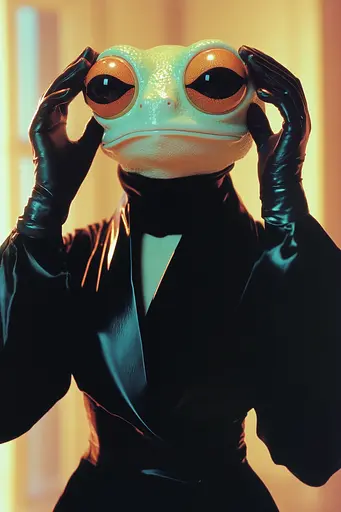 Midjourney generated image using SREF code Synthwave Surrealism: A frog in a black suit holding his hands to his face.