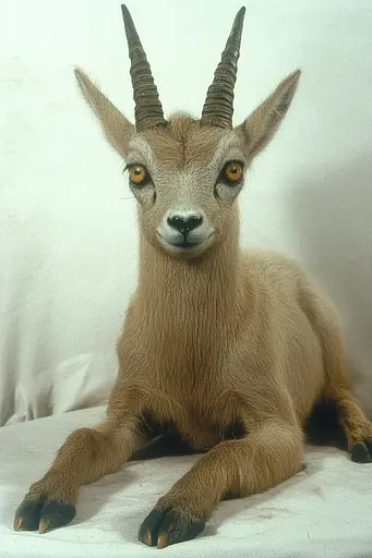 Midjourney generated image using SREF code Cosmic Dread: A taxidermy of an antelope laying down on a white surface.