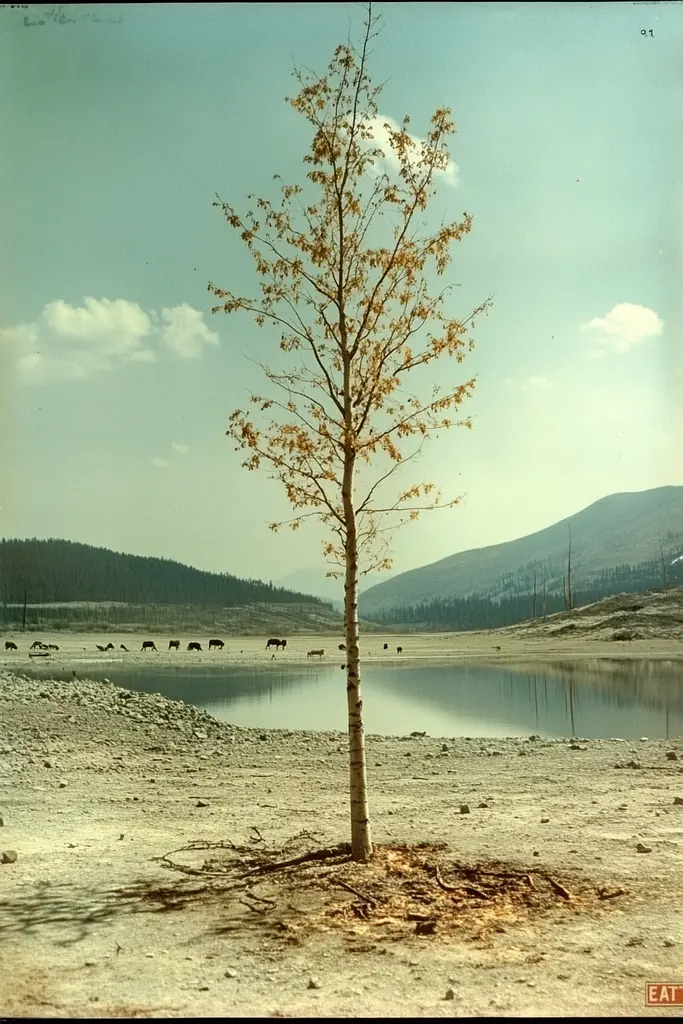 Midjourney generated image using SREF code Cosmic Dread: A lone tree in the middle of a lake with cows in the background.