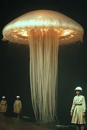 Midjourney generated image using SREF code Cosmic Dread: A group of people standing in front of a giant jellyfish.