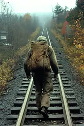 Midjourney generated image using SREF code Cosmic Dread: A man with a backpack walking down a train track.