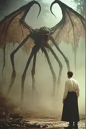 Midjourney generated image using SREF code Cosmic Dread: A man standing in front of a giant spider.