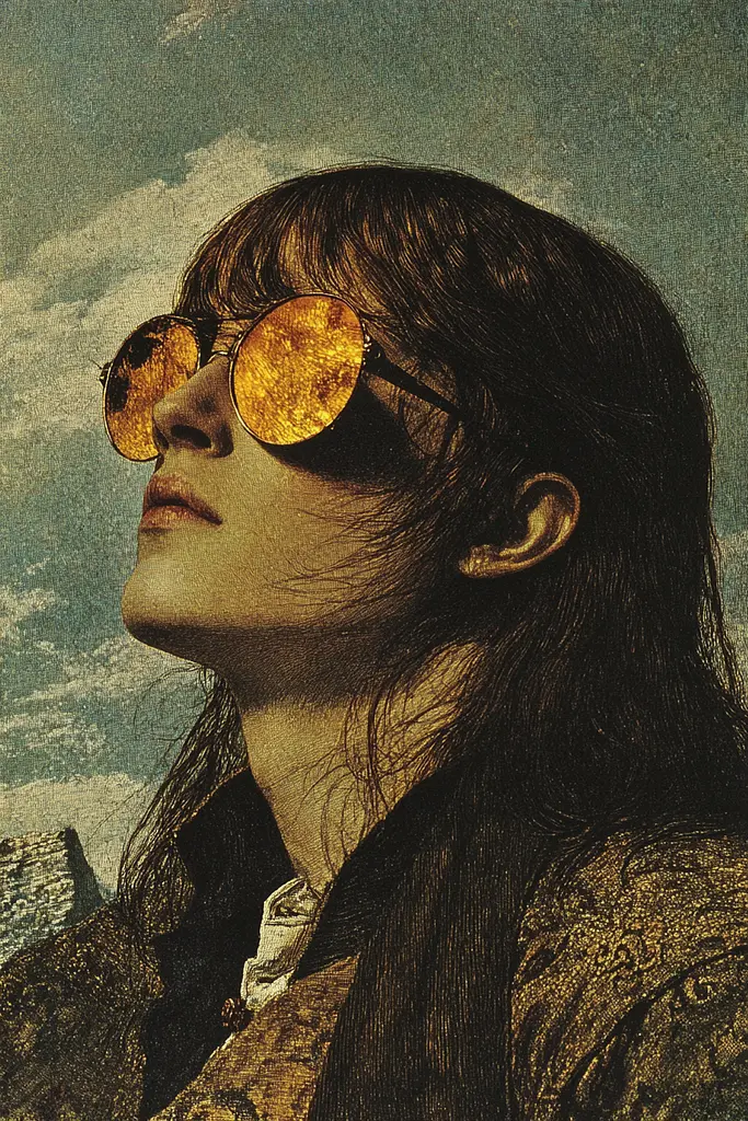 Midjourney generated image using SREF code Gilded Allure: A woman wearing sunglasses looking up at the sky.