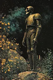 Midjourney generated image using SREF code Gilded Allure: A painting of a robot standing on top of a rock.