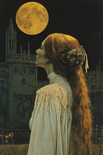 Midjourney generated image using SREF code Gilded Allure: A woman with long red hair standing in front of a full moon.