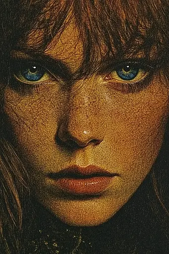 Midjourney generated image using SREF code Gilded Allure: A close up of a woman's face with blue eyes.