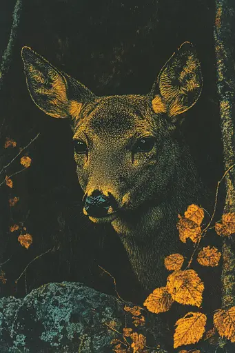 Midjourney generated image using SREF code Gilded Allure: A deer in the woods looking at the camera.