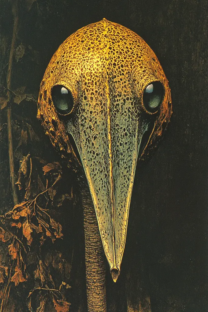 Midjourney generated image using SREF code Gilded Allure: A close up of a bird's head with big eyes.