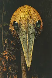 Midjourney generated image using SREF code Gilded Allure: A close up of a bird's head with big eyes.