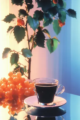 Midjourney generated image using SREF code Synthwave Surrealism: A cup of coffee sitting on top of a table next to a bunch of grapes.