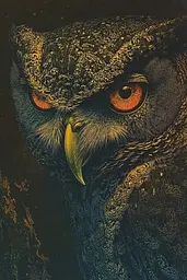 Midjourney generated image using SREF code Gilded Allure: A close up of an owl's face with orange eyes.