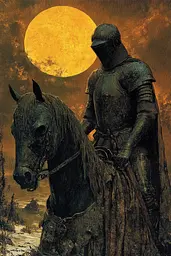 Midjourney generated image using SREF code Gilded Allure: A painting of a knight on a horse in front of a full moon.