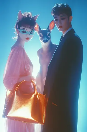 Midjourney generated image using SREF code Synthwave Surrealism: A man and woman standing next to each other with a deer mask on.