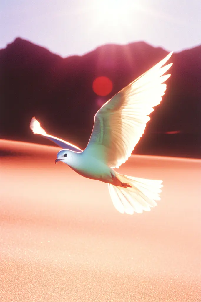 Midjourney generated image using SREF code Synthwave Surrealism: A white bird flying over a body of water.