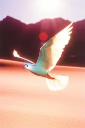 Midjourney generated image using SREF code Synthwave Surrealism: A white bird flying over a body of water.