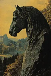 Midjourney generated image using SREF code Gilded Allure: A black horse standing on top of a large rock.