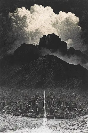 Midjourney generated image using SREF code Gilded Allure: A black and white photo of a city with mountains in the background.