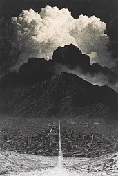 Midjourney generated image using SREF code Gilded Allure: A black and white photo of a city with mountains in the background.