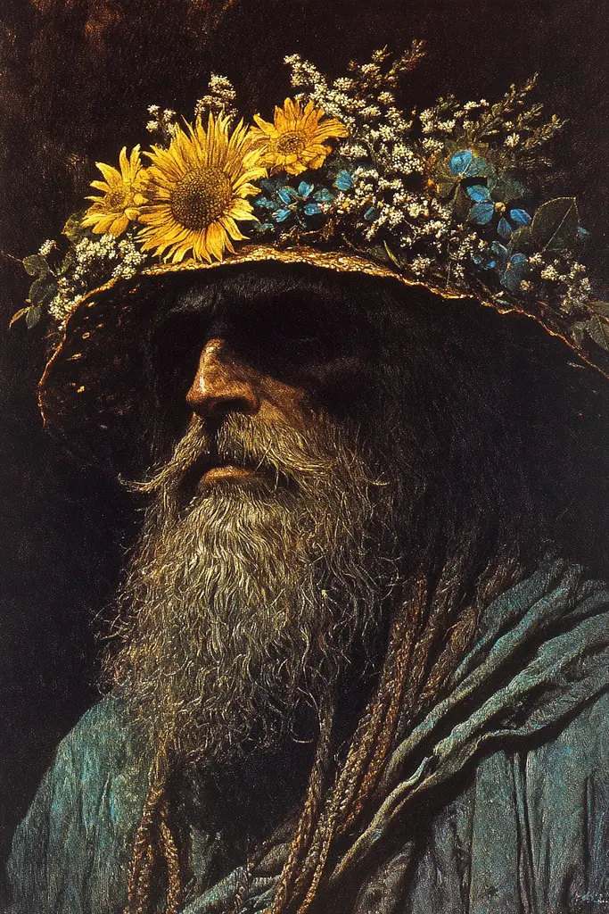 Midjourney generated image using SREF code Gilded Allure: A painting of a man with a sunflower crown on his head.