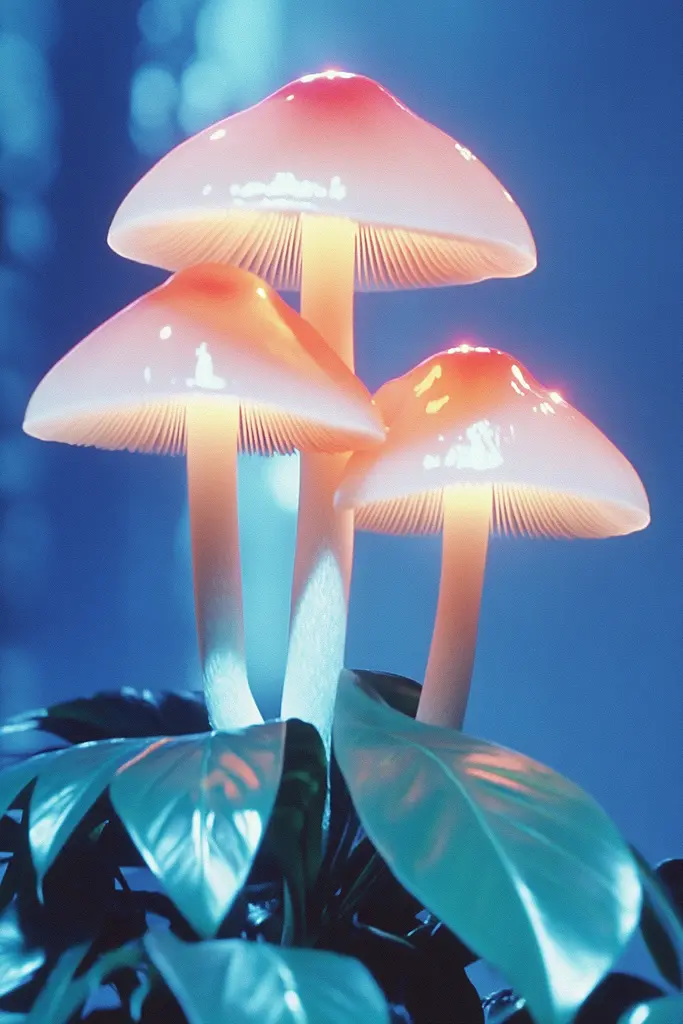 Midjourney generated image using SREF code Synthwave Surrealism: A group of three white mushrooms sitting on top of a plant.