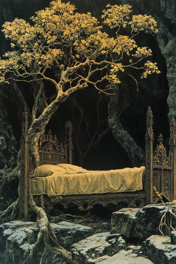 Midjourney generated image using SREF code Gilded Allure: A bed in the middle of a cave with a tree growing out of it.