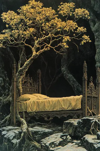 Midjourney generated image using SREF code Gilded Allure: A bed in the middle of a cave with a tree growing out of it.