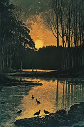 Midjourney generated image using SREF code Gilded Allure: A painting of ducks swimming in a river at sunset.