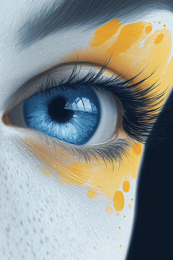 Midjourney generated image using SREF code Dreamlike Cascade: A close up of a woman's blue eye with yellow paint on it.